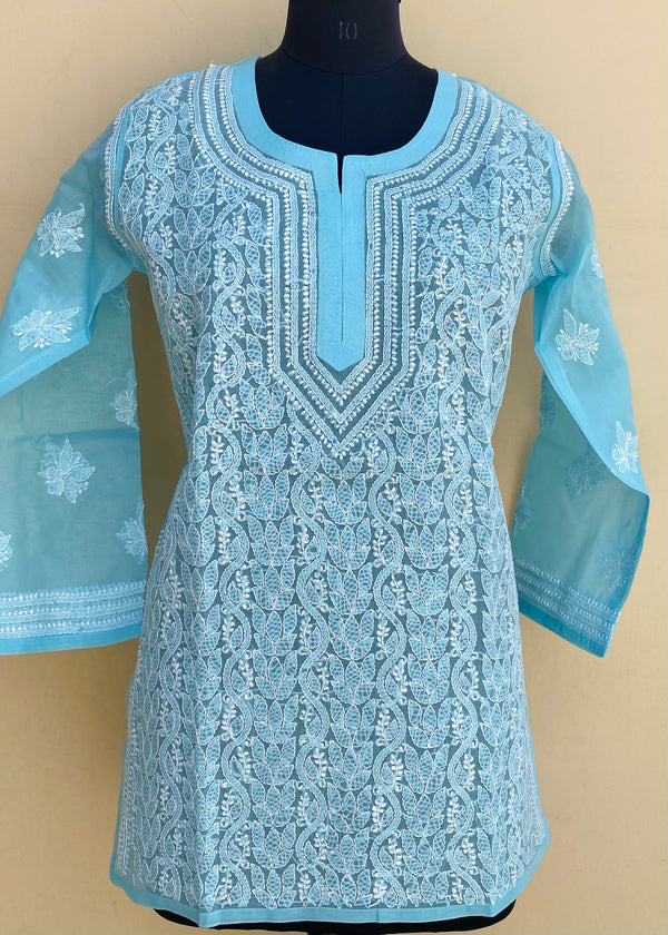 Lucknowi Chikankari Short Kurti Blue Cotton