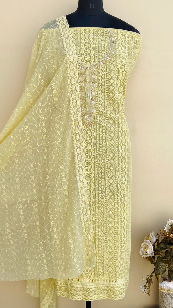 Chikankari Suit Length 3 Piece Yellow Georgette With Pearl & Cutdana Work