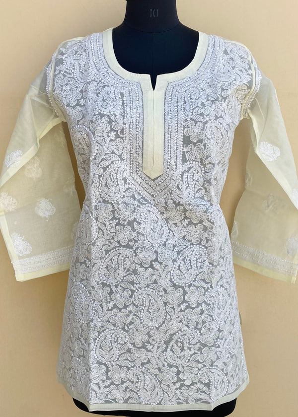 Lucknowi Chikankari Short Kurti Lemon Yellow Cotton