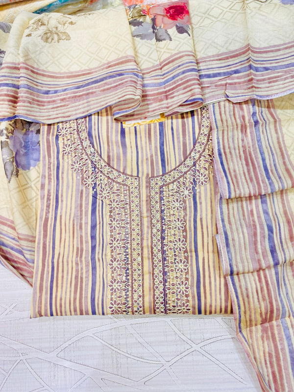 Designer Embroidered Suit Length 3 Piece Beige Mal Cotton