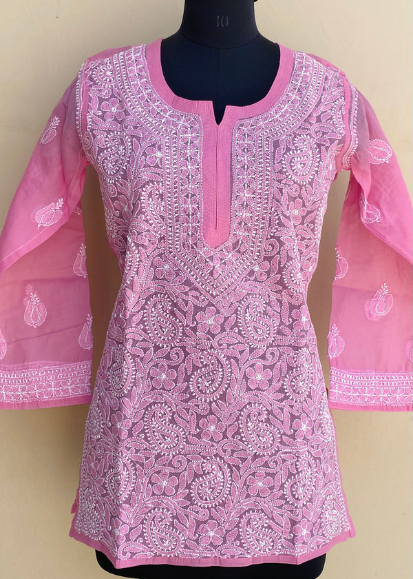 Lucknowi Chikankari Short Kurti Pink Cotton