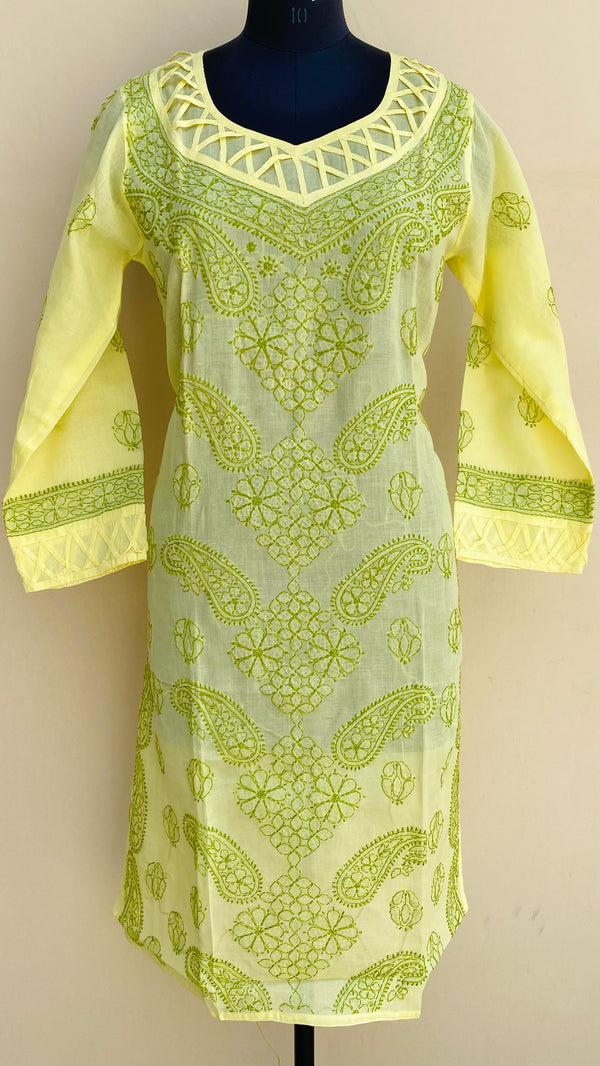 Lucknowi Chikankari Kurti Lemon Yellow Cotton