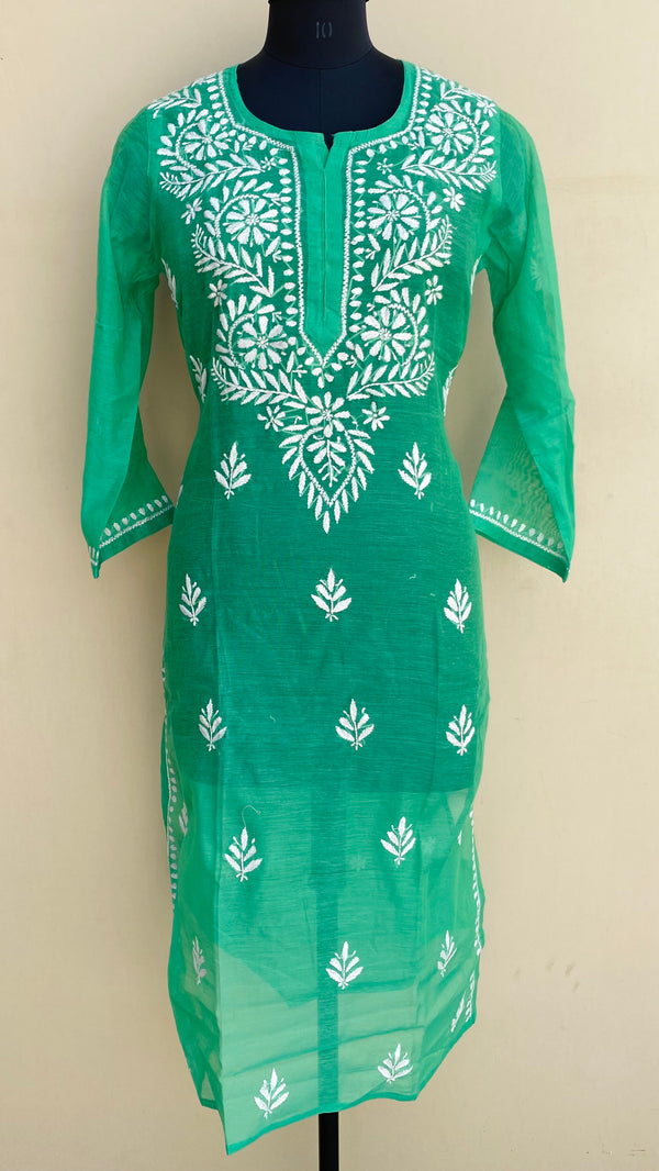 Lucknowi Chikankari Kurti Green Mal Chanderi