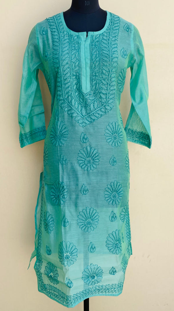 Lucknowi Chikankari Kurti Green Mal Chanderi