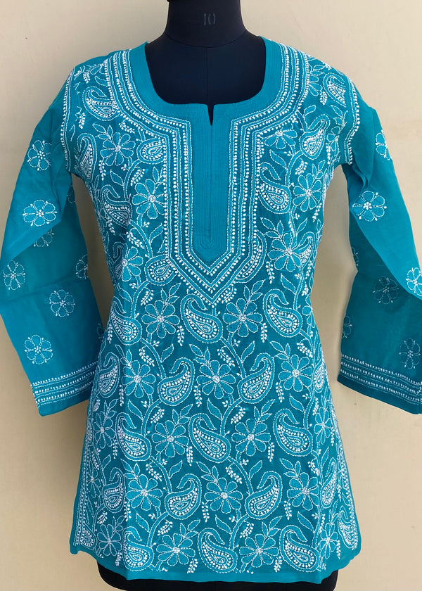 Lucknowi Chikankari Short Kurti Blue Cotton