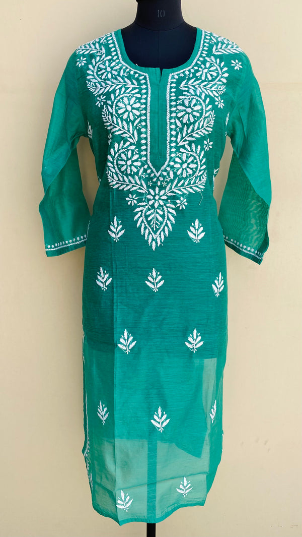 Lucknowi Chikankari Kurti Green Mal Chanderi