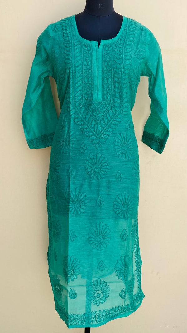 Lucknowi Chikankari Kurti Green Mal Chanderi