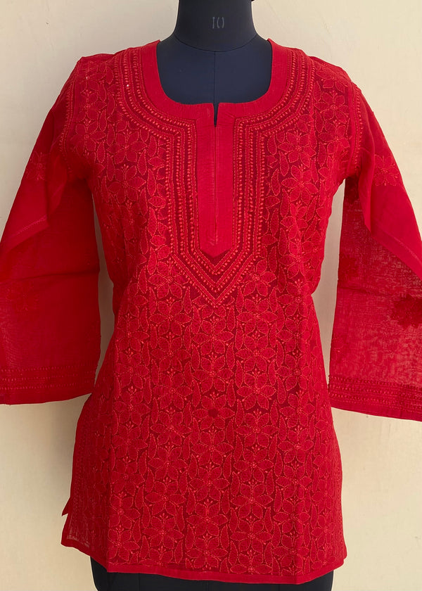 Lucknowi Chikankari Short Kurti Red Cotton