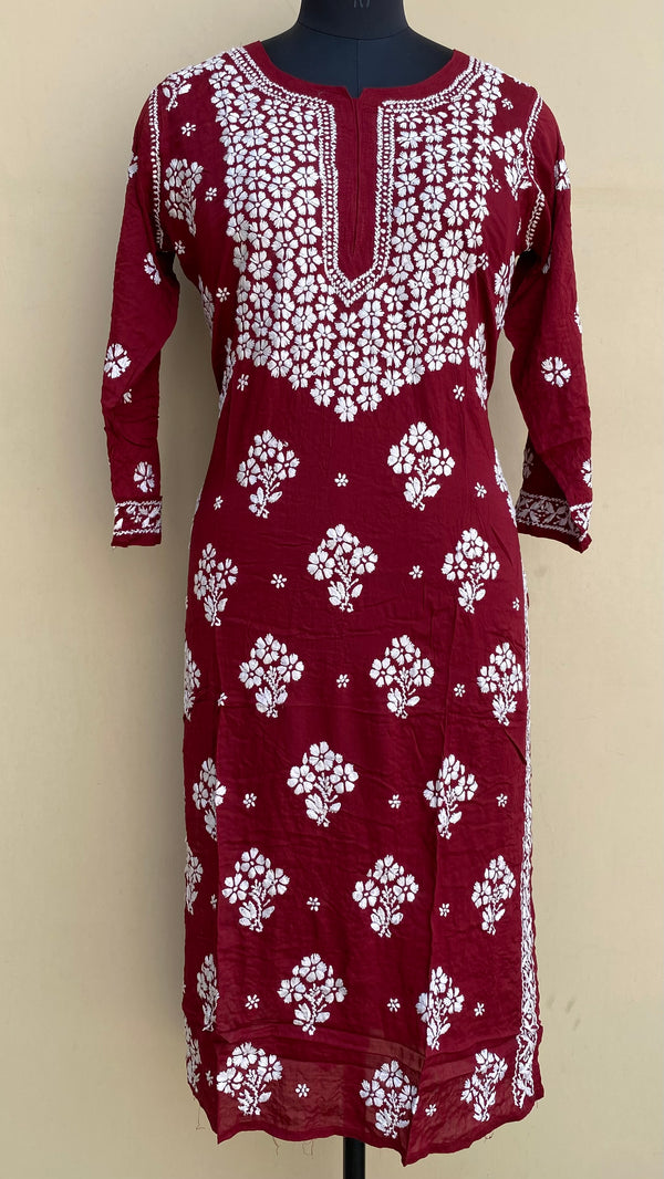 Lucknowi Chikankari Kurti Maroon Modal Cotton