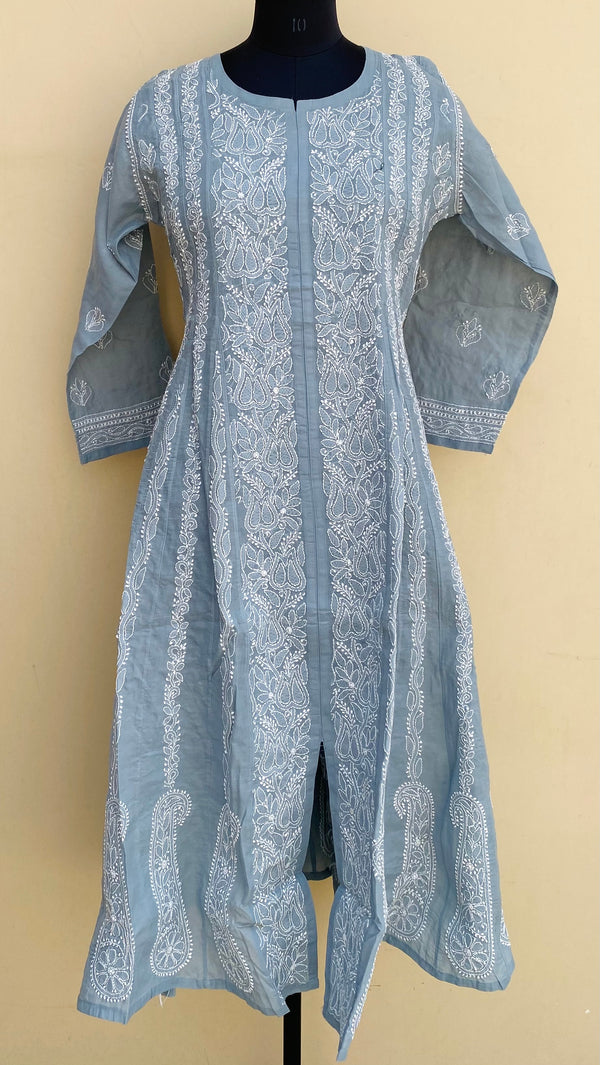 Lucknowi Chikankari Anarkali Kurti Gray Cotton