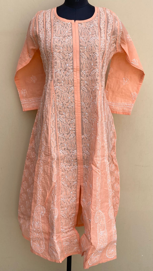 Lucknowi Chikankari Anarkali Kurti Peach Cotton