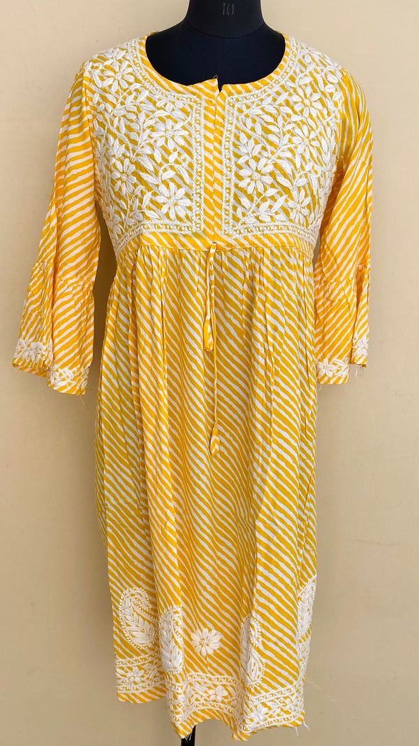 Lucknowi Chikankari Printed Kurti Yellow Mulmul Cotton