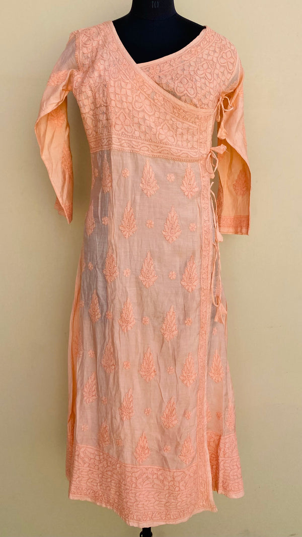 Lucknowi Chikankari Angrakha Kurti Peach Muslin Cotton