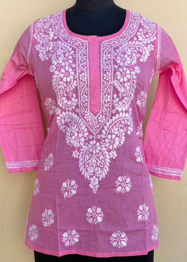 Lucknowi Chikankari Short Kurti Pink Mulmul Cotton