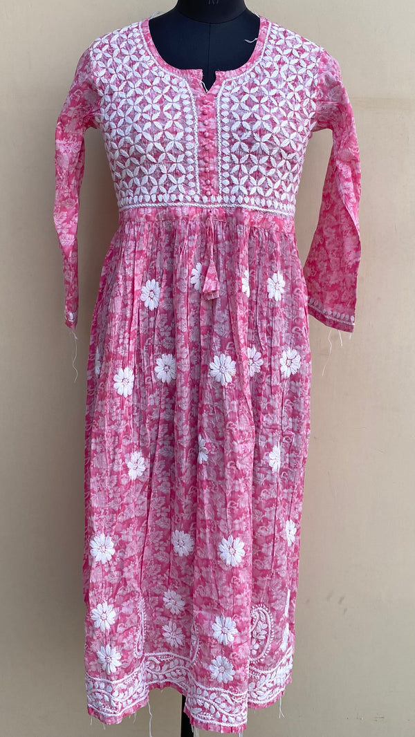 Lucknowi Chikankari Printed Kurti Pink Mulmul Cotton