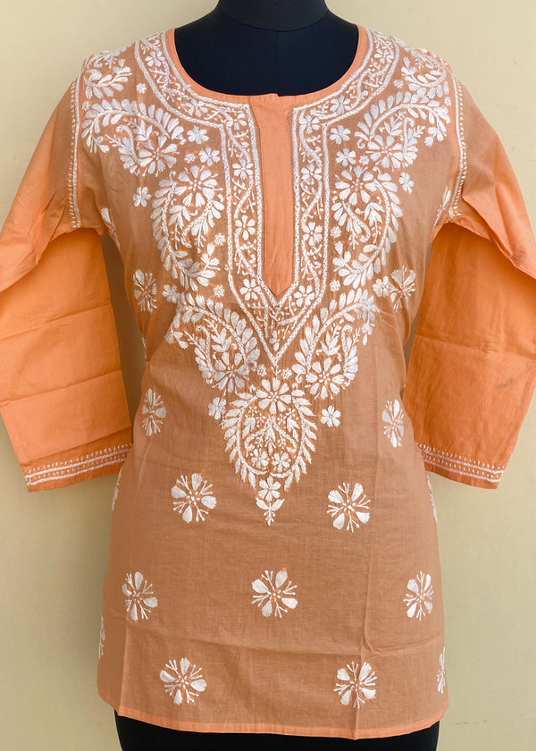 Lucknowi Chikankari Short Kurti Peach Mulmul Cotton