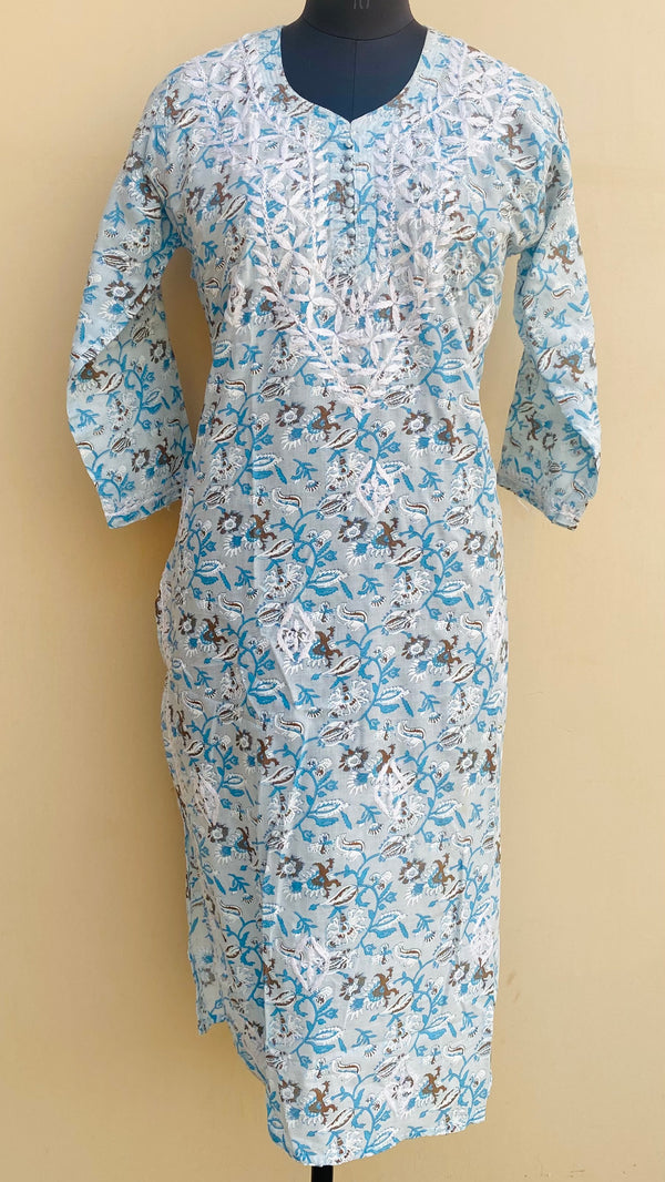 Lucknowi Chikankari Printed Kurti Blue Mulmul Cotton
