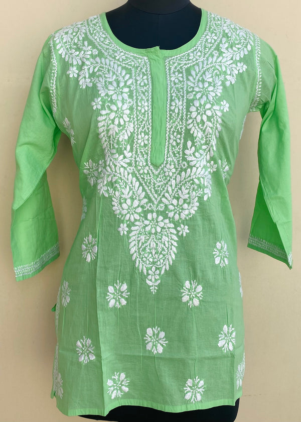 Lucknowi Chikankari Short Kurti Green Mulmul Cotton