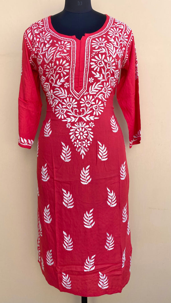 Lucknowi Chikankari Kurti Red Modal Cotton