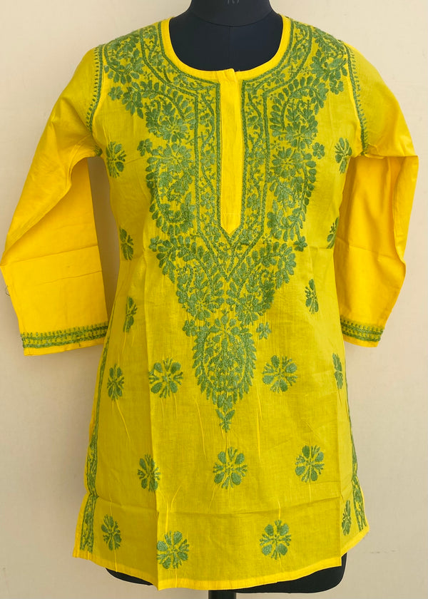 Lucknowi Chikankari Short Kurti Yellow Mulmul Cotton