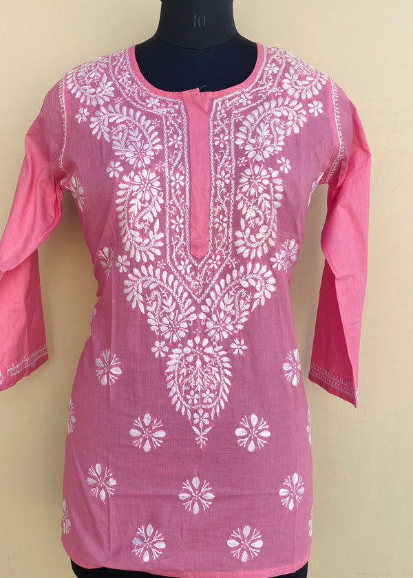 Lucknowi Chikankari Short Kurti Pink Mulmul Cotton