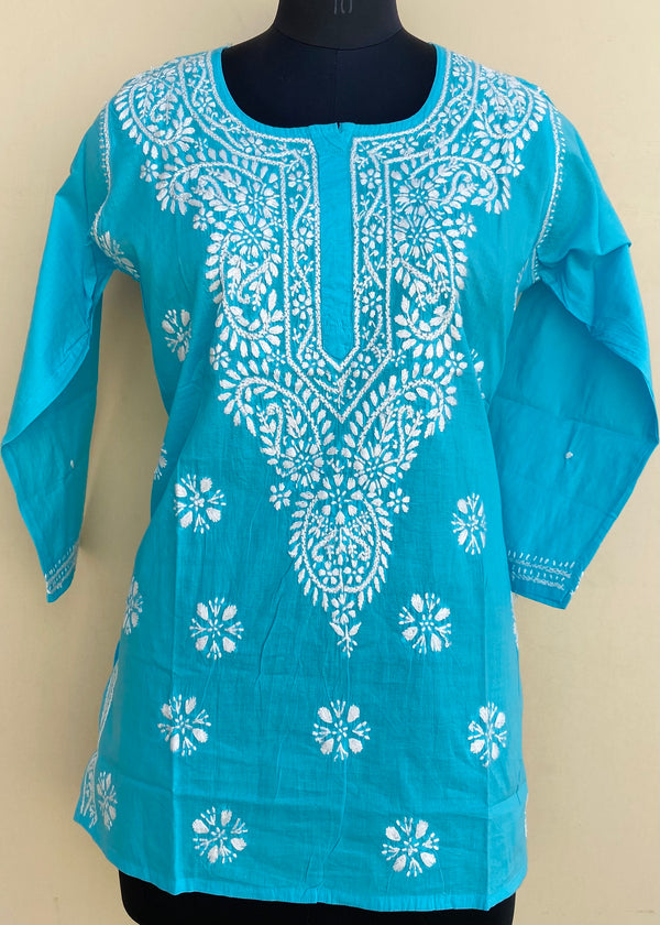 Lucknowi Chikankari Kurti Blue Mulmul Cotton