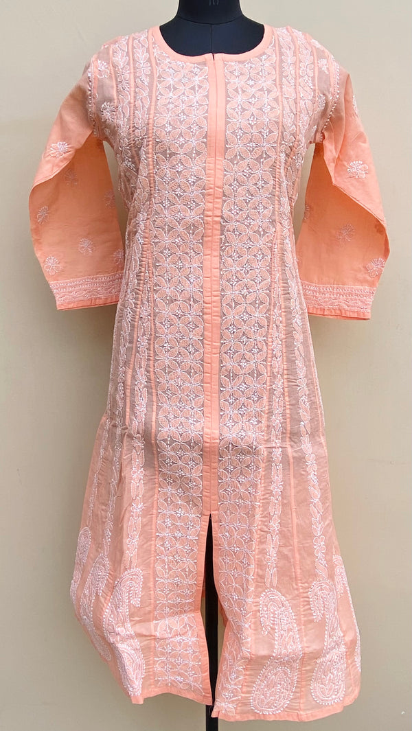 Lucknowi Chikankari Anarkali Kurti Peach Cotton