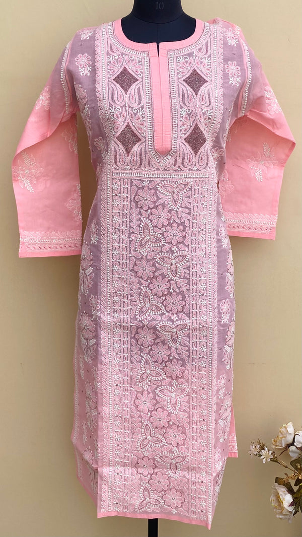 Lucknowi Chikankari Kurti Pink Cotton With Cutdana Work