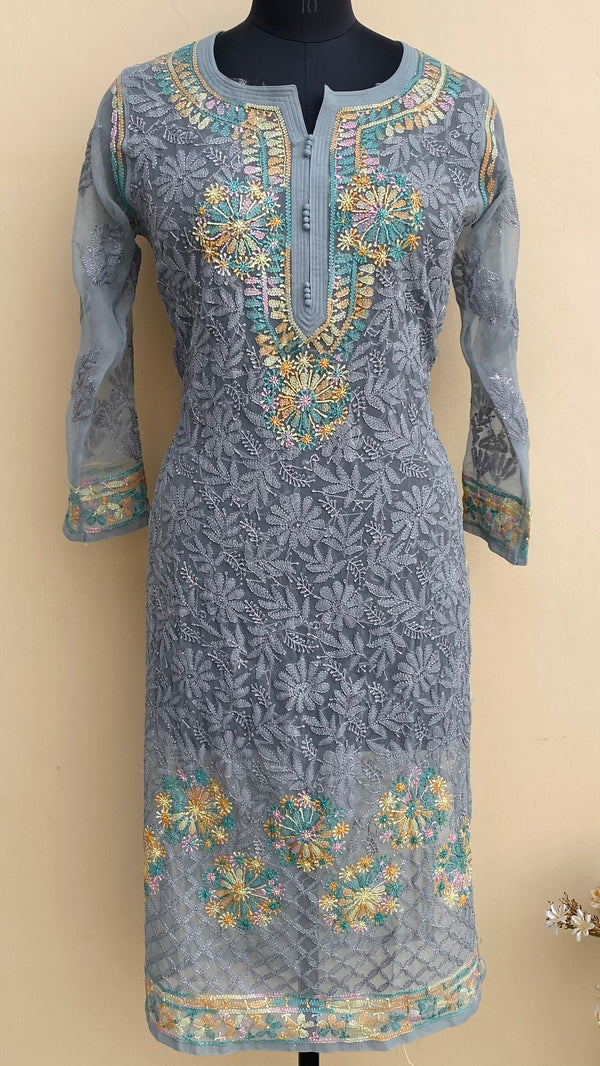 Lucknowi Chikankari Kurti Gray Georgette With Resham Work