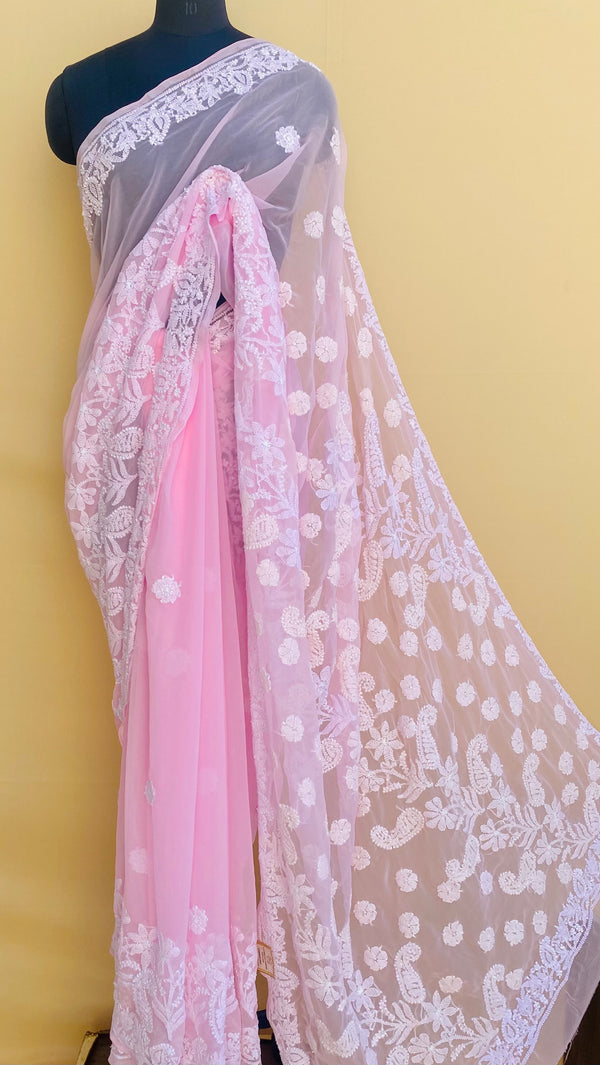 Lucknowi Chikankari Saree Pink Georgette