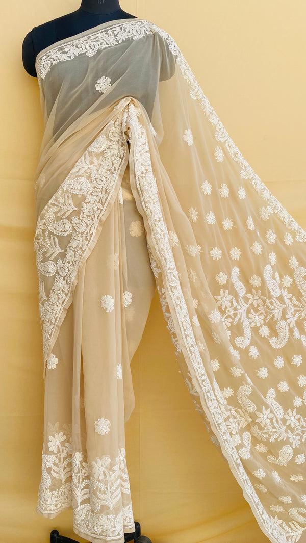 Lucknowi Chikankari Saree Beige Georgette