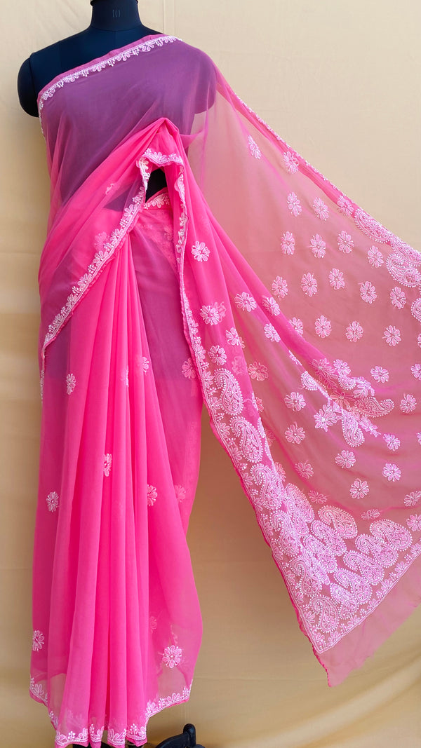 Lucknowi Chikankari Saree Pink Georgette