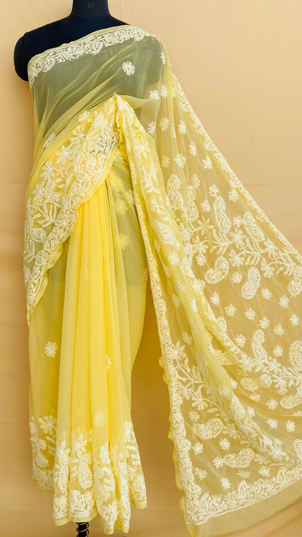 Lucknowi Chikankari Saree Yellow Georgette