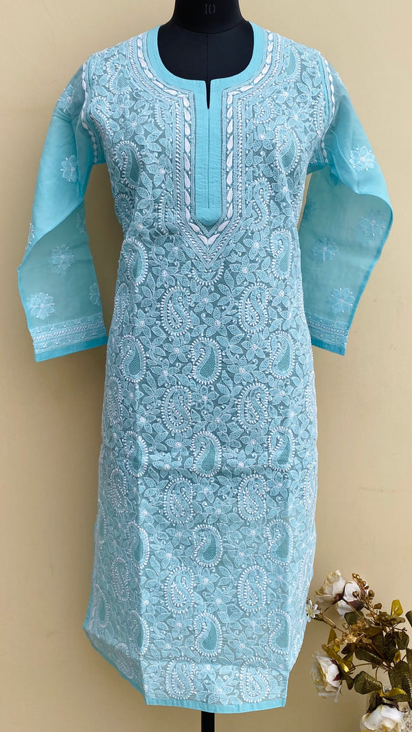 Lucknowi Chikankari Kurti Blue Cotton With Jaali Work