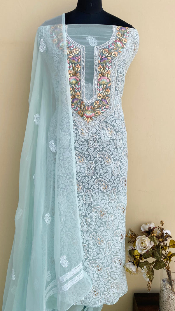 Lucknowi Chikankari Suit Length 3 Piece Sea Green Georgette With Parsi & Gotta Patti Work