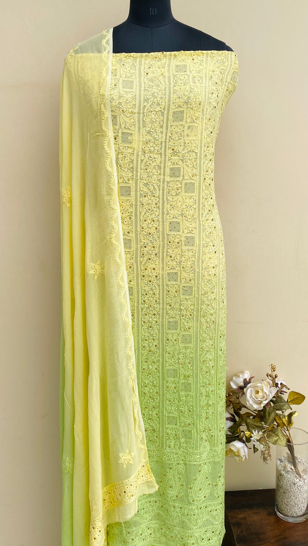 Lucknowi Chikankari Suit Length 2 Piece Lemon Yellow Ombre Pure Georgette With Mukaish Work