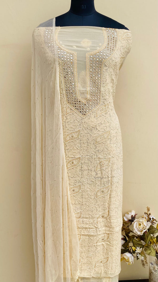 Lucknowi Chikankari Suit Length 2 Piece Beige Pure Georgette With Mirror Work