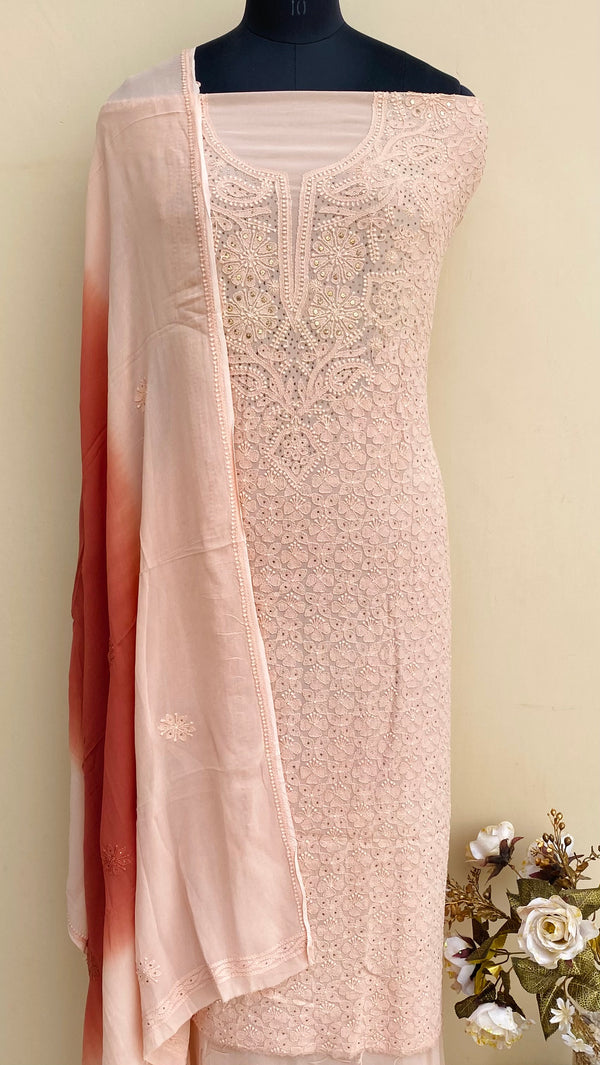 Lucknowi Chikankari Suit Length 2 Piece Peach Pure Georgette With Mukaish  Work