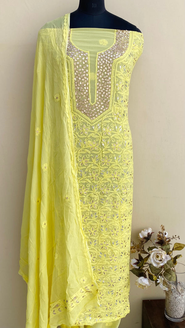 Lucknowi Chikankari Suit Length 2 Piece Yellow Pure Georgette With Gotta Patti Work