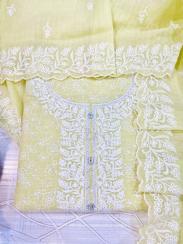 Chikankari Embroidered Suit Length 3 Piece Green Linen Cotton