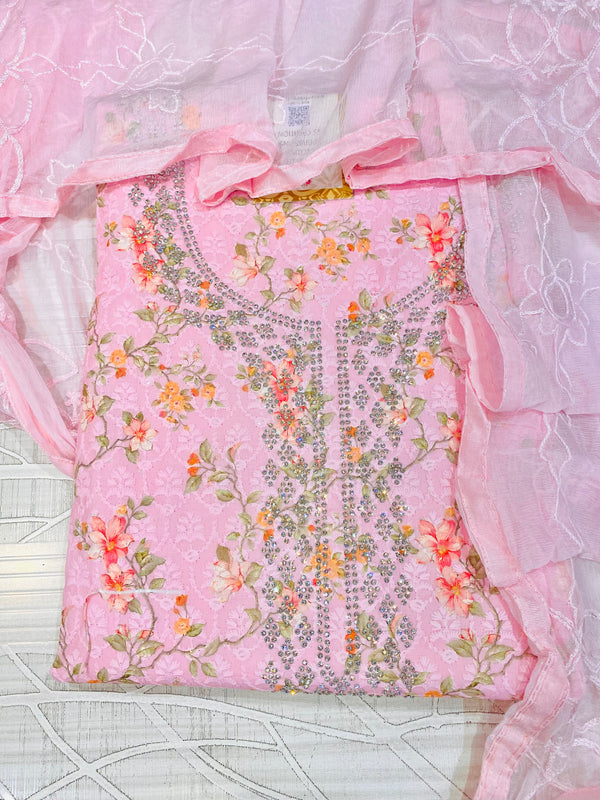 Designer Embroidered Suit Length 3 Piece Pink Mal Cotton