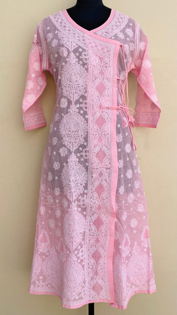 Lucknowi Chikankari Angrakha Kurti Pink Cotton