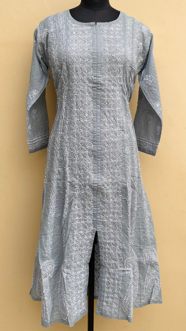 Lucknowi Chikankari Anarkali Kurti Gray Cotton