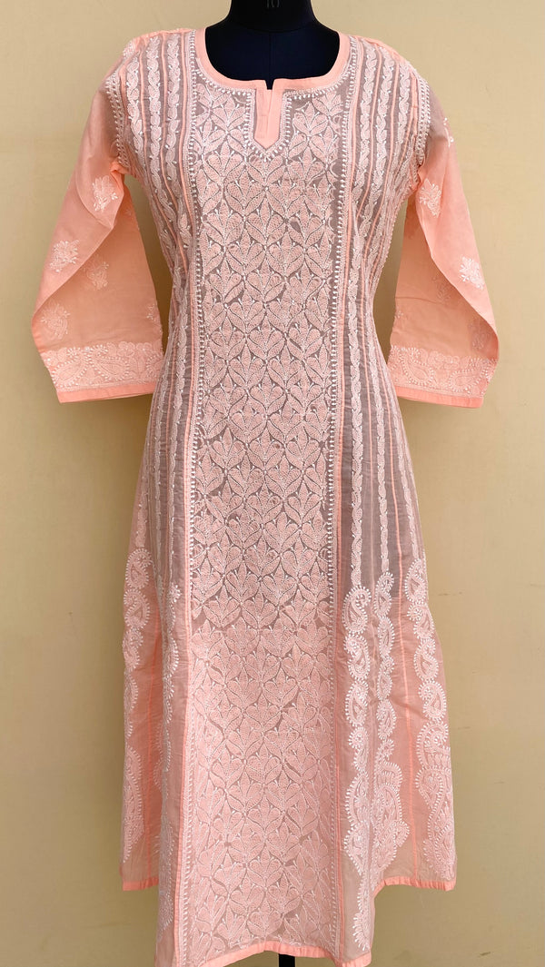 Lucknowi Chikankari Anarkali Kurti Peach Cotton