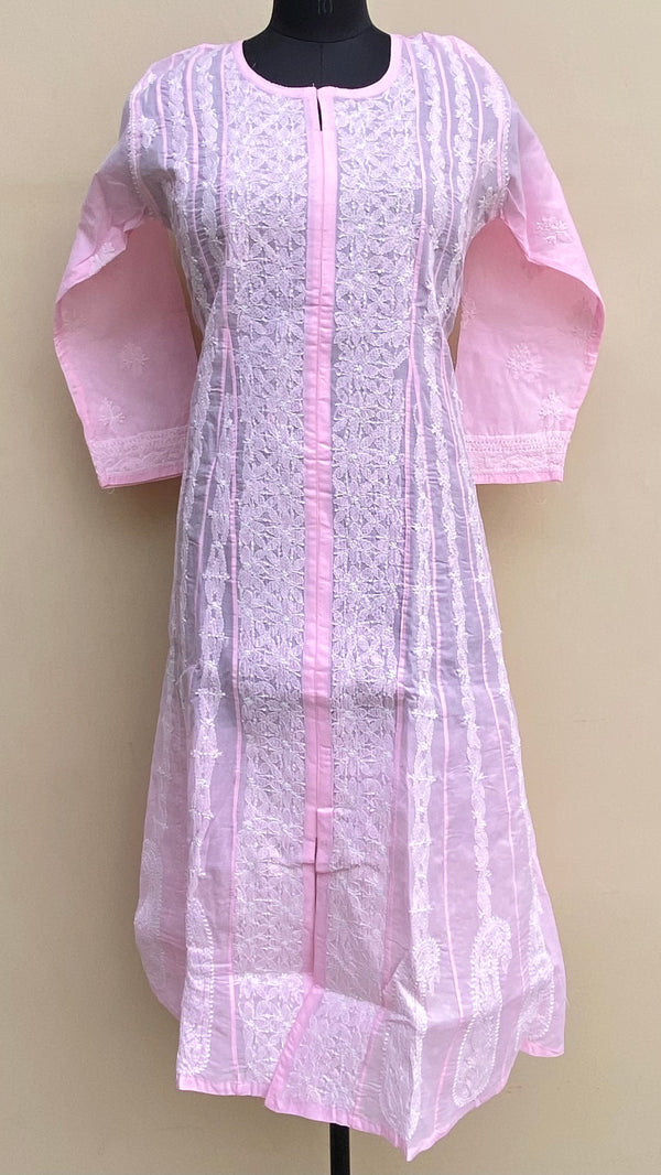 Lucknowi Chikankari Anarkali Kurti Pink Cotton