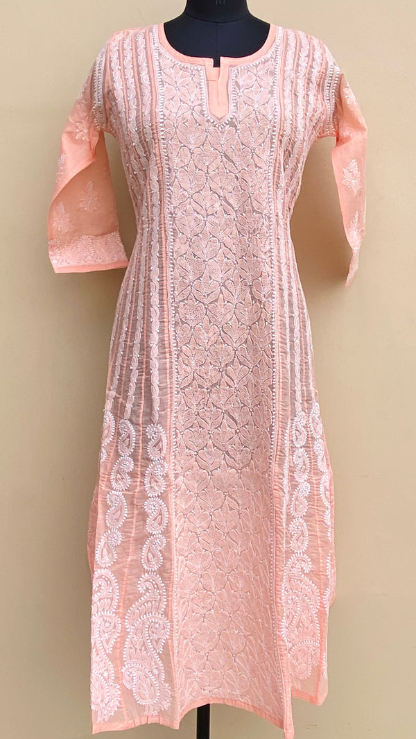 Lucknowi Chikankari Anarkali Kurti Peach Cotton