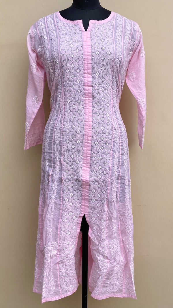 Lucknowi Chikankari Anarkali Kurti Pink Cotton