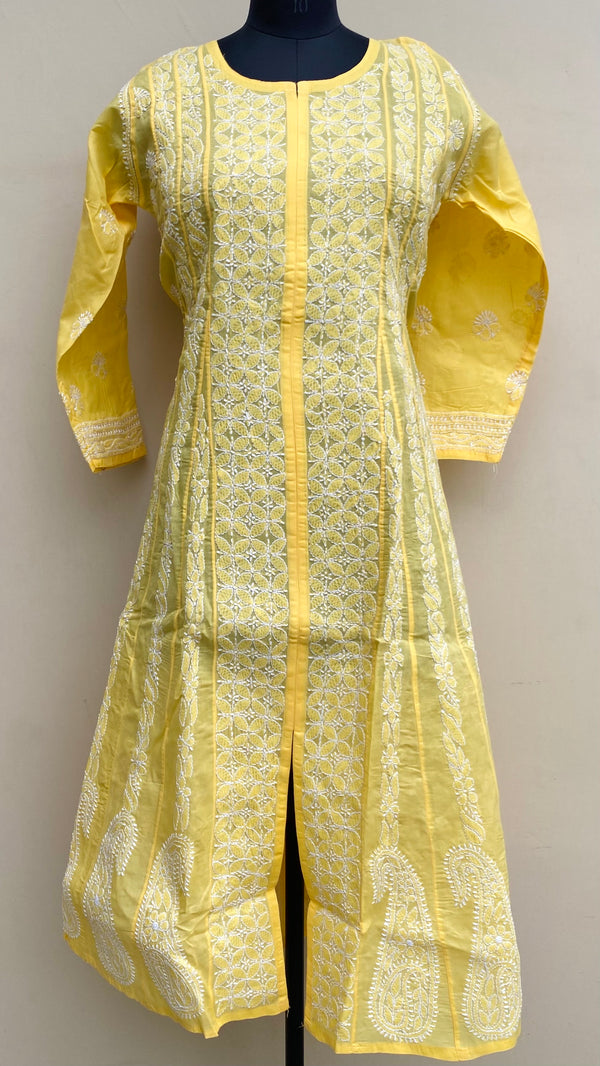 Lucknowi Chikankari Anarkali Kurti Yellow Cotton