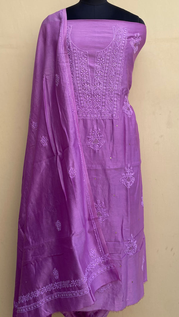 Lucknowi Chikankari Suit Length 2 Piece Purple Mal Chanderi With Mukaish Work