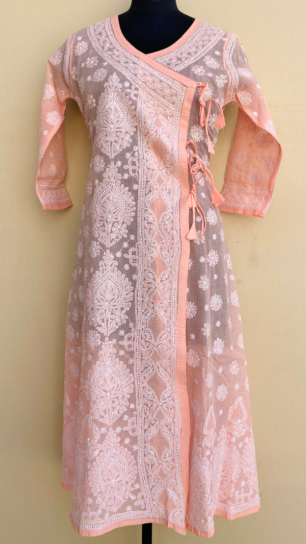 Lucknowi Chikankari Angrakha Kurti Peach Cotton With Jali Work